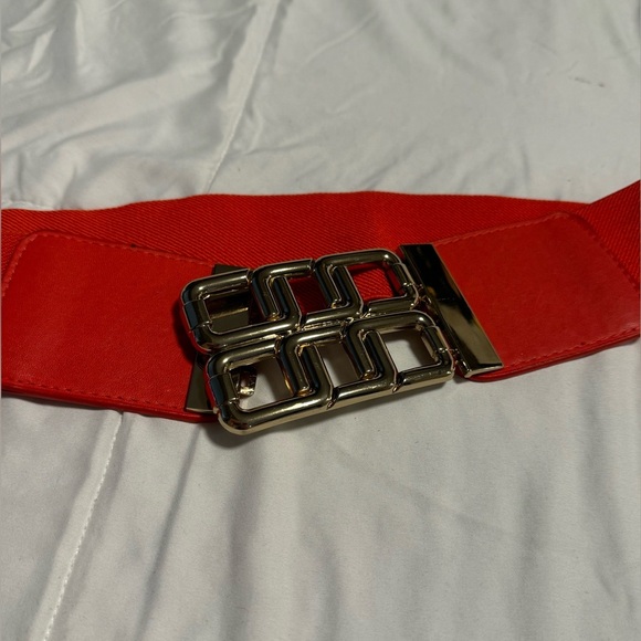 Y2K Gold Geometric Wide Stretch Belt New York & Co Interlock L/XL Orange 90s - Picture 7 of 14